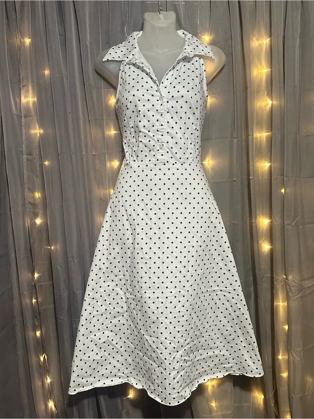 90’s DBY Ltd Retro inspired white sleeveless dress with black polkadots Sz 13/14